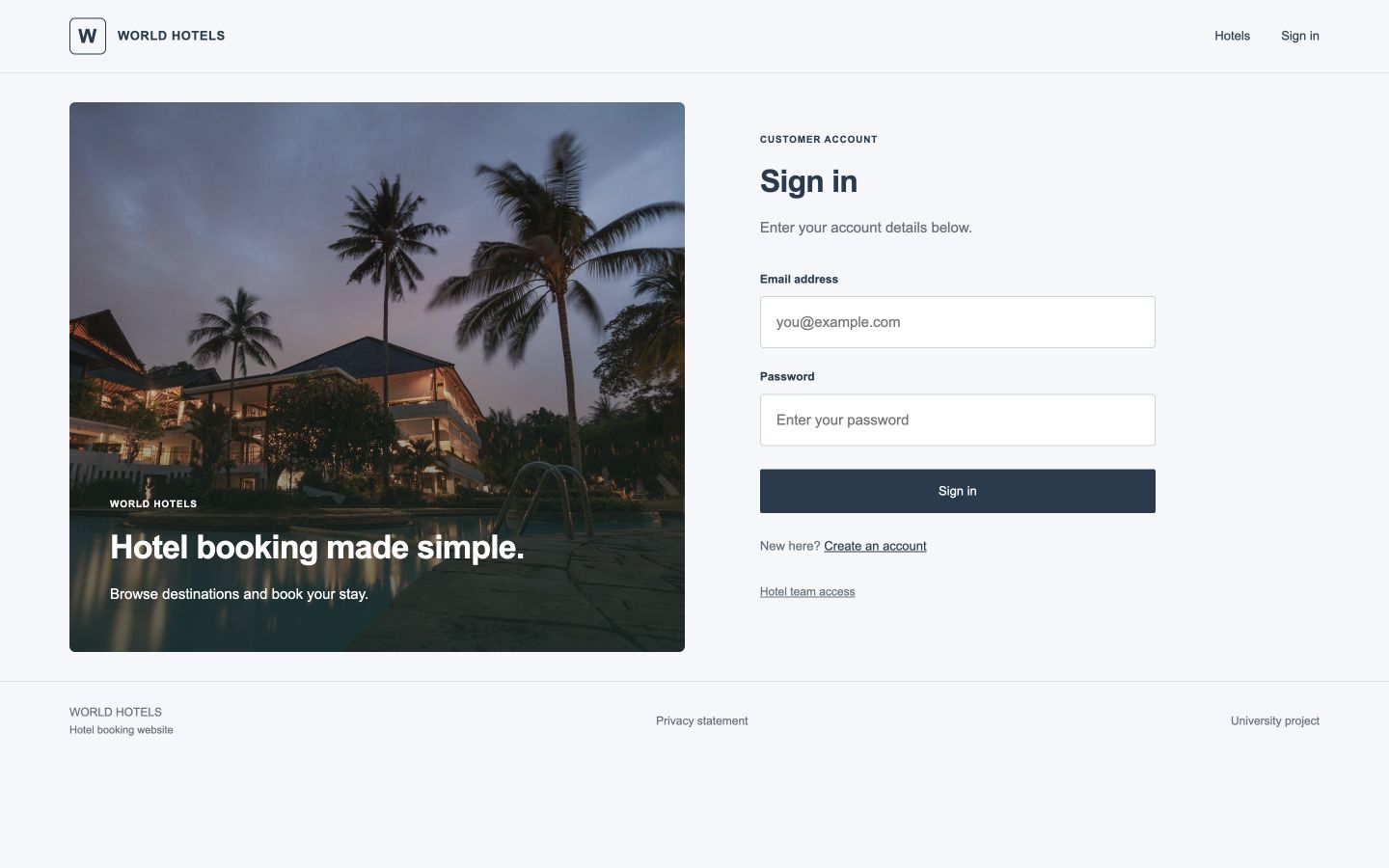 World Hotels customer sign-in form